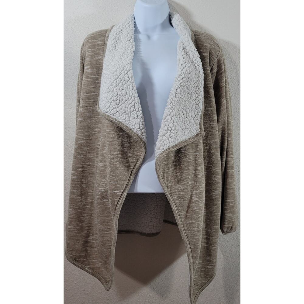 Green Tea Tan Marled Fleece Lined Draped Open Front Jacket XL Warm Cozy Soft